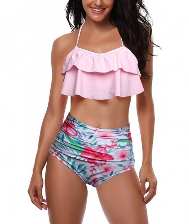 Sets Women Two Pieces Bathing Suits Ruffled Racerback High Waisted Bikini Set - Pink - C618TOCMU8L $46.17