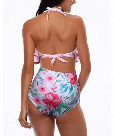 Sets Women Two Pieces Bathing Suits Ruffled Racerback High Waisted Bikini Set - Pink - C618TOCMU8L $46.17