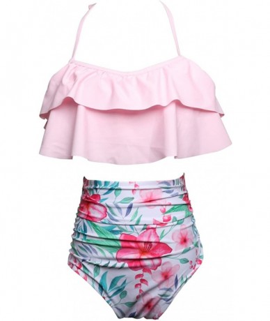 Sets Women Two Pieces Bathing Suits Ruffled Racerback High Waisted Bikini Set - Pink - C618TOCMU8L $46.17