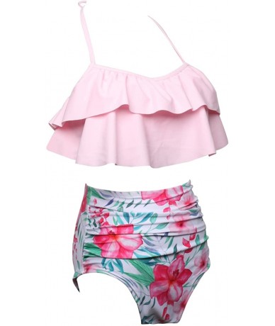 Sets Women Two Pieces Bathing Suits Ruffled Racerback High Waisted Bikini Set - Pink - C618TOCMU8L $46.17