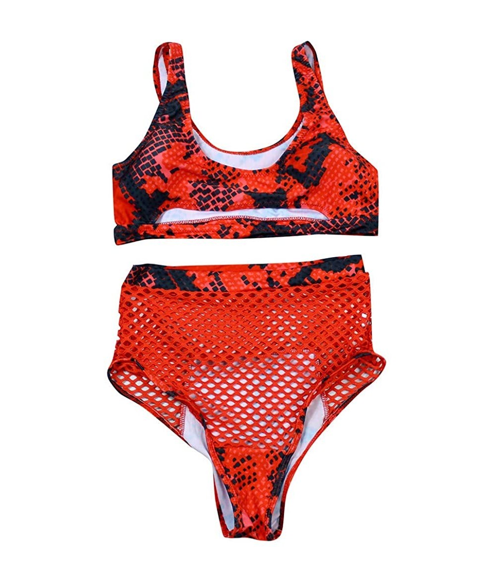 Sets Women Criss Lace Up Padded Push Up Cheeky Sporty Bathing Suit High Waisted Mesh Triangle Briefs Bikini Swimsuit Red - CR...