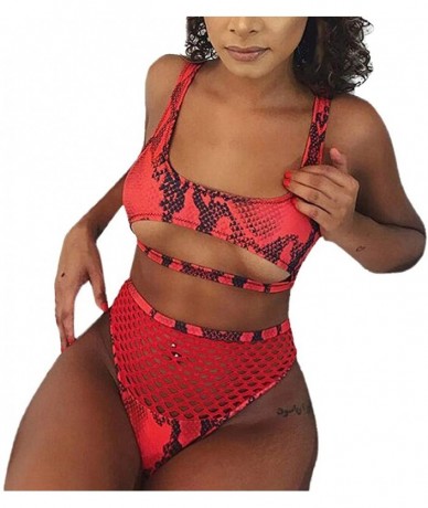 Sets Women Criss Lace Up Padded Push Up Cheeky Sporty Bathing Suit High Waisted Mesh Triangle Briefs Bikini Swimsuit Red - CR...