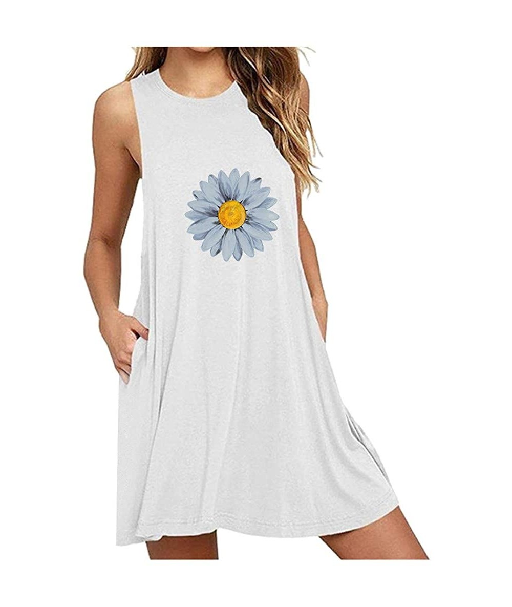 Cover-Ups Dresses for Women Casual Summer Sleeveless Pockets Casual Swing T-Shirt Dress Flower Tank Dress Beach Cover up - Y-...