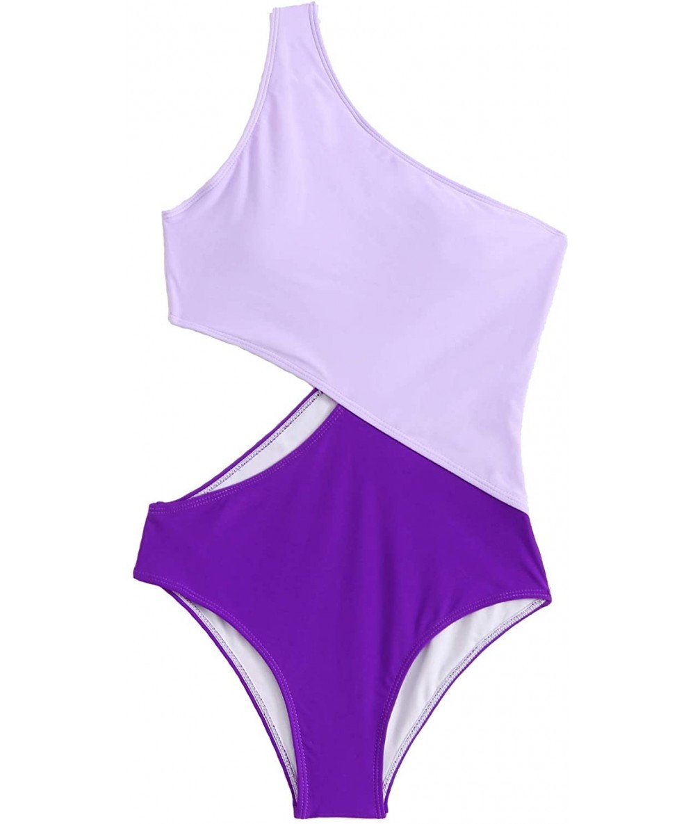 One-Pieces Women's Bathing Suits One Shoulder Cutout One Piece Swimsuit Swimwear Monokini - Purple - CS19CGTUMIQ $43.69