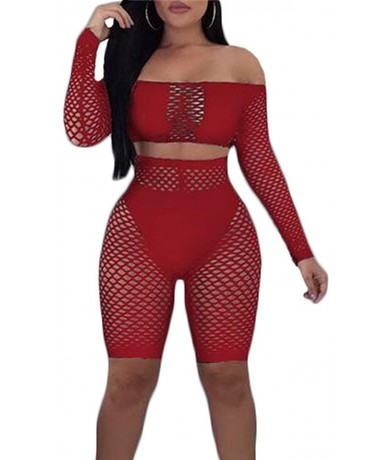 Sets Women Sexy Two Pieces Swimsuit Fishnet Long Sleeve Bikini Tops High Waisted Shorts Beachwear Set - Red - CJ18GRY2DL7 $23.46