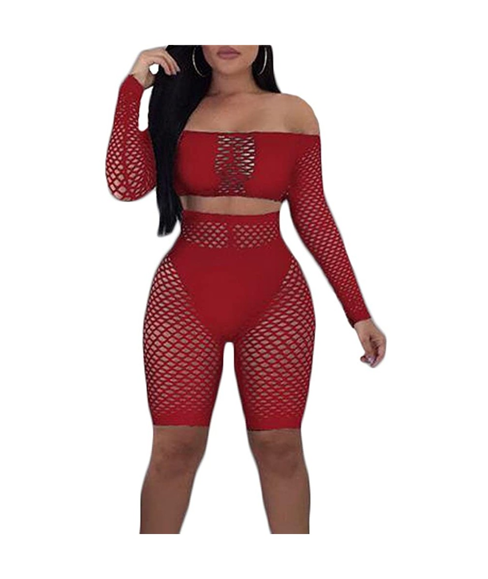 Sets Women Sexy Two Pieces Swimsuit Fishnet Long Sleeve Bikini Tops High Waisted Shorts Beachwear Set - Red - CJ18GRY2DL7 $23.46