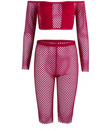 Sets Women Sexy Two Pieces Swimsuit Fishnet Long Sleeve Bikini Tops High Waisted Shorts Beachwear Set - Red - CJ18GRY2DL7 $23.46