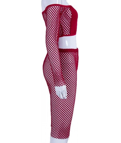 Sets Women Sexy Two Pieces Swimsuit Fishnet Long Sleeve Bikini Tops High Waisted Shorts Beachwear Set - Red - CJ18GRY2DL7 $23.46