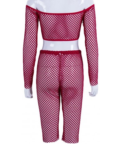 Sets Women Sexy Two Pieces Swimsuit Fishnet Long Sleeve Bikini Tops High Waisted Shorts Beachwear Set - Red - CJ18GRY2DL7 $23.46