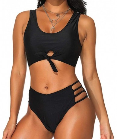 Sets Women's Two Pieces Bikini Sets with Knot Ladder Cut Bathing Suit Brief Solid Color - Black - C819CGCS9AC $59.71