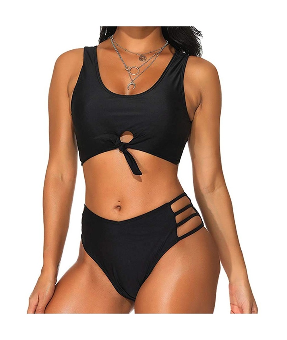 Sets Women's Two Pieces Bikini Sets with Knot Ladder Cut Bathing Suit Brief Solid Color - Black - C819CGCS9AC $59.71