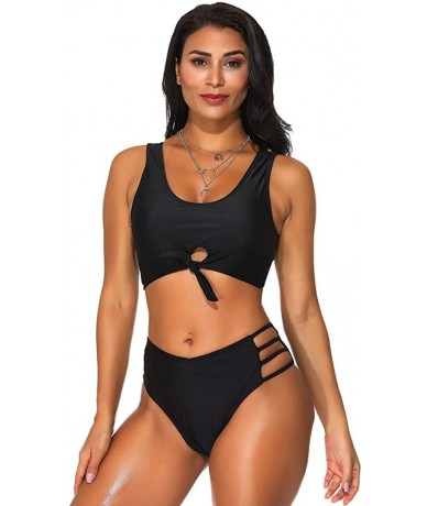 Sets Women's Two Pieces Bikini Sets with Knot Ladder Cut Bathing Suit Brief Solid Color - Black - C819CGCS9AC $59.71