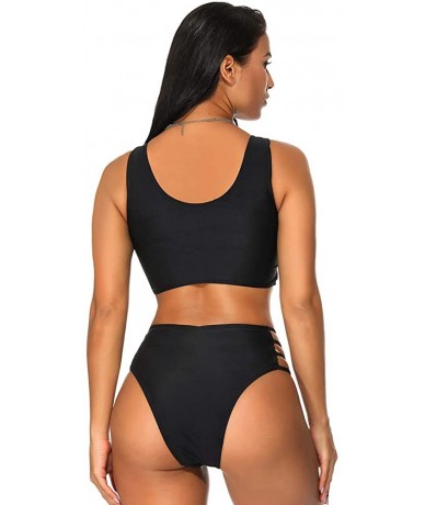 Sets Women's Two Pieces Bikini Sets with Knot Ladder Cut Bathing Suit Brief Solid Color - Black - C819CGCS9AC $59.71