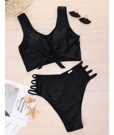 Sets Women's Two Pieces Bikini Sets with Knot Ladder Cut Bathing Suit Brief Solid Color - Black - C819CGCS9AC $59.71