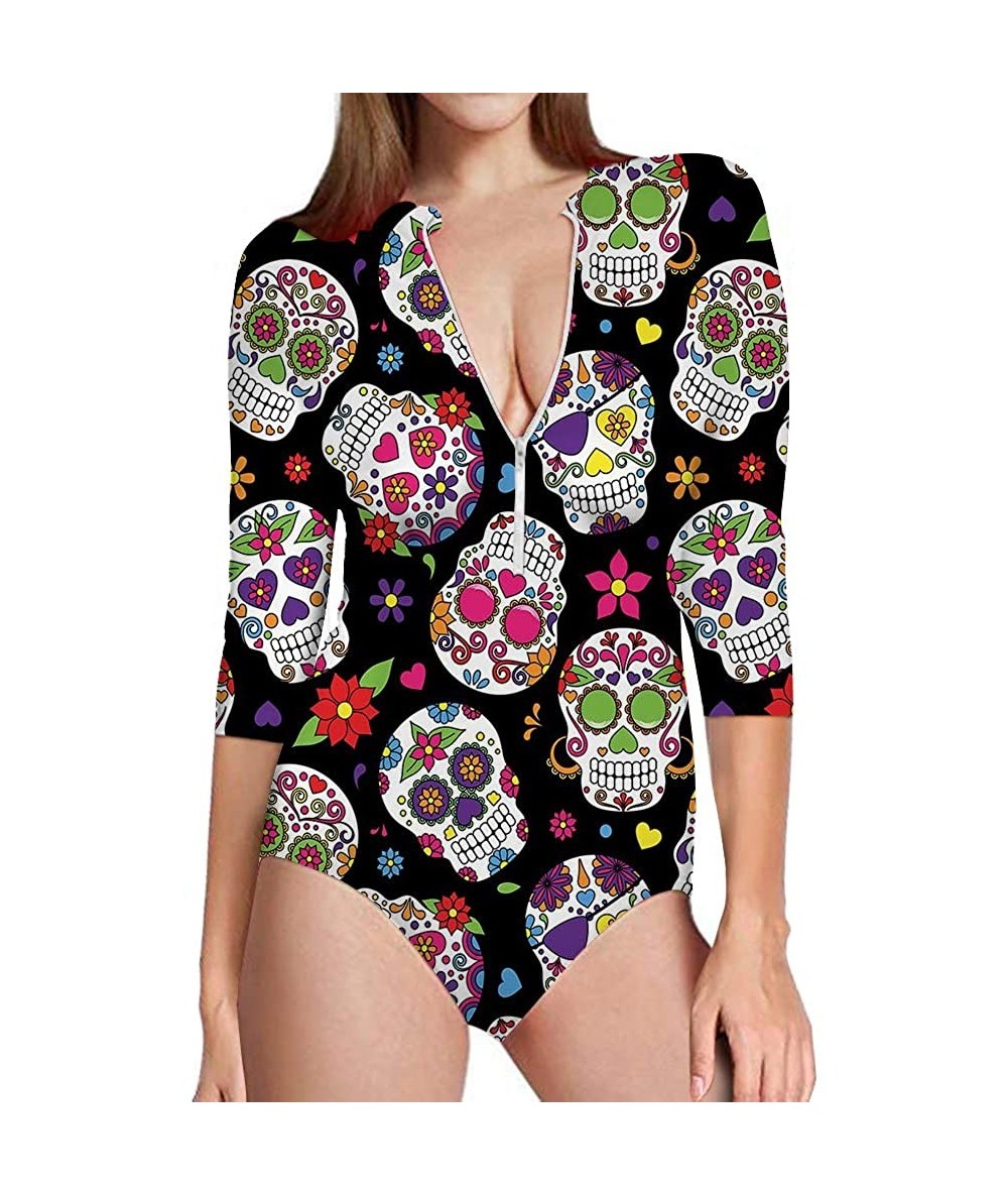 Rash Guards Women's Rashguard Long Sleeve Zip UV Protection Print Surfing Swimsuit Swimwear Bathing Suits - Skull - CA18R7MNX...