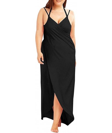 Cover-Ups Plus Size Women's Spaghetti Strap Cover Up Beach Backless Wrap Long Dress - Black - CE185EH25ID $36.60