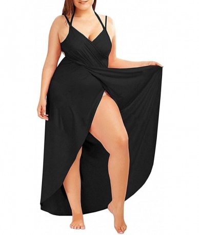 Cover-Ups Plus Size Women's Spaghetti Strap Cover Up Beach Backless Wrap Long Dress - Black - CE185EH25ID $36.60