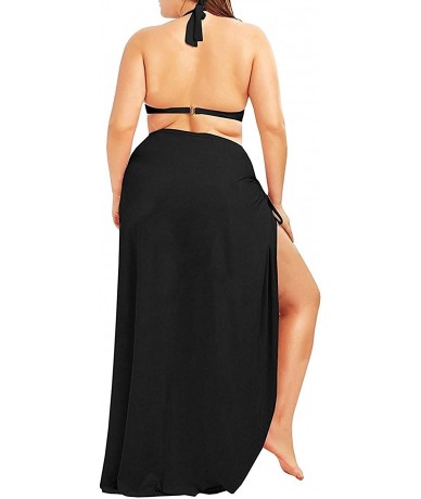 Cover-Ups Plus Size Women's Spaghetti Strap Cover Up Beach Backless Wrap Long Dress - Black - CE185EH25ID $36.60