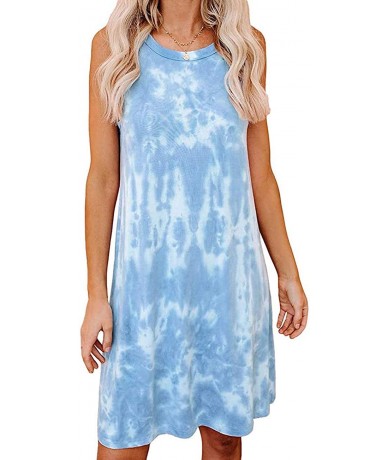 Cover-Ups Women's Tie-Dye Print Swimsuit Beach Cover Ups Sleeveless Casual T Shirt Sundress Tank Dress - Light Blue - C9190MI...