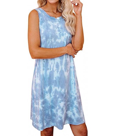 Cover-Ups Women's Tie-Dye Print Swimsuit Beach Cover Ups Sleeveless Casual T Shirt Sundress Tank Dress - Light Blue - C9190MI...