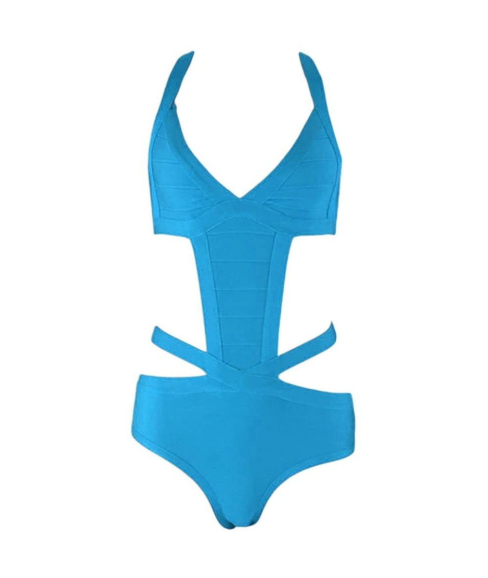 One-Pieces Women's Sexy One Piece Halter Cut Out Cross Back Rayon Bandage Swimsuits - Blue - C912JNTX4DZ $56.55