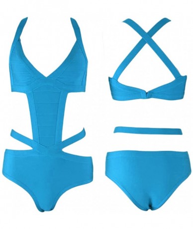 One-Pieces Women's Sexy One Piece Halter Cut Out Cross Back Rayon Bandage Swimsuits - Blue - C912JNTX4DZ $56.55