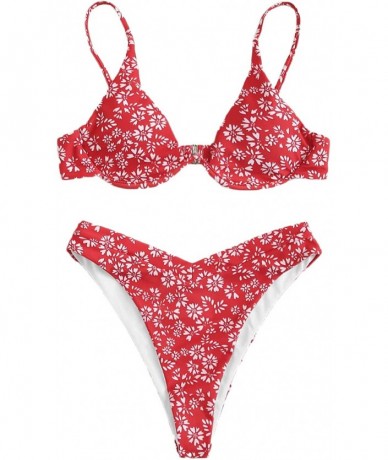 Sets Women's 2 Piece Triangle Bikini High Cut Bathing Suit Swimsuit - Red-floral - C5199CLHH24 $37.01