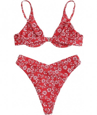 Sets Women's 2 Piece Triangle Bikini High Cut Bathing Suit Swimsuit - Red-floral - C5199CLHH24 $37.01