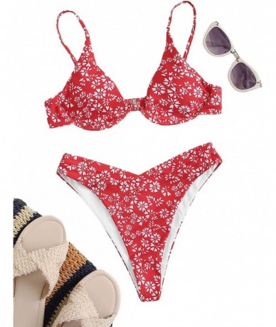 Sets Women's 2 Piece Triangle Bikini High Cut Bathing Suit Swimsuit - Red-floral - C5199CLHH24 $37.01