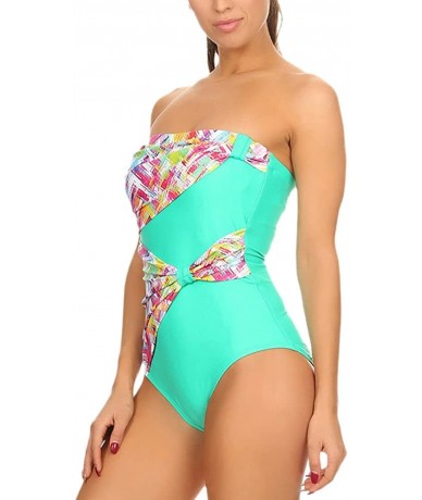 One-Pieces Women's Beautiful Draped Strapless Bandeau One Piece Bathing Suit - Mint Plaid - C5184TMKQWD $61.94