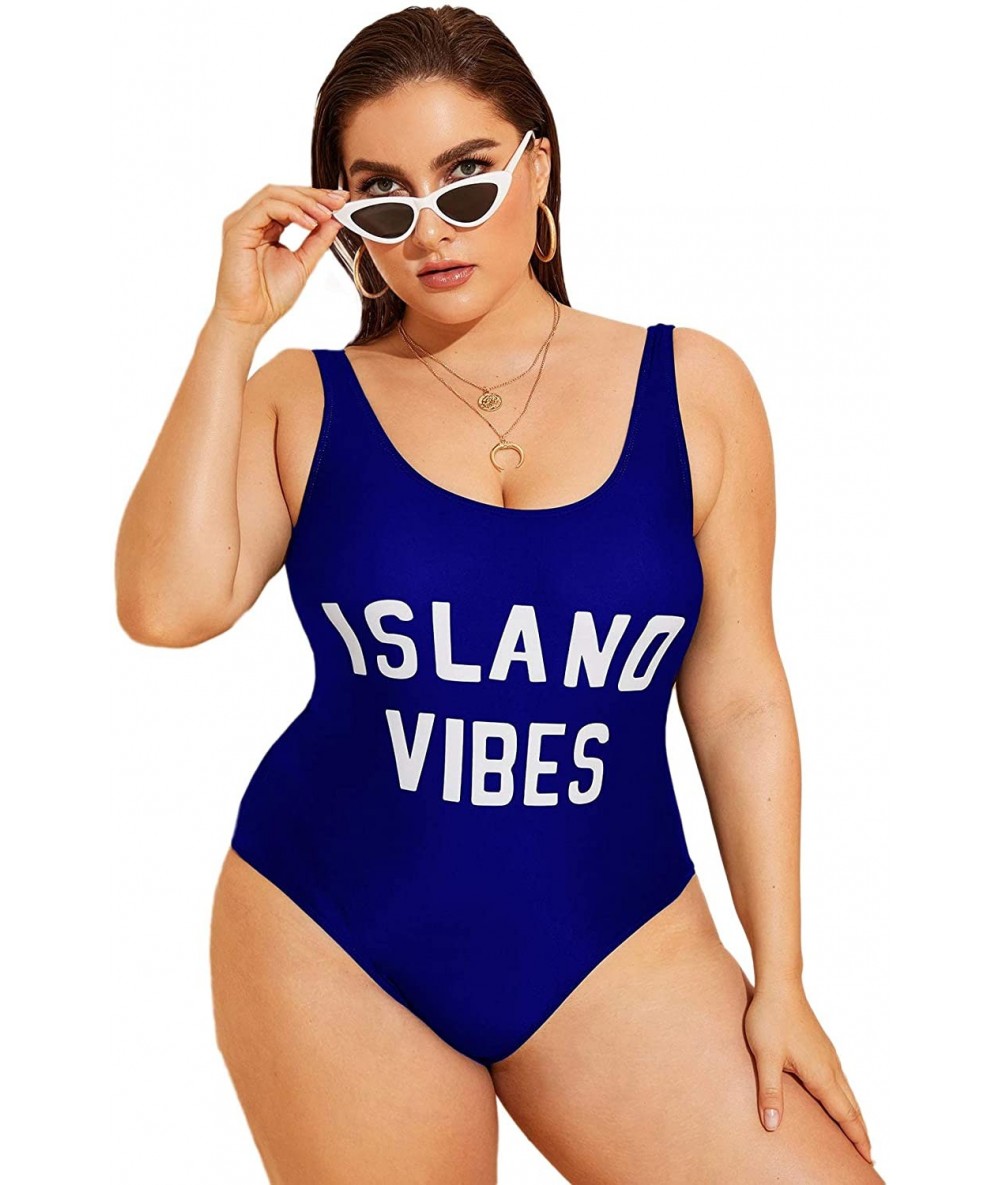 One-Pieces Women's Sexy Bathing Suit Slogan Letter Print Swimwear Low Back One Piece Swimsuit - Blue - CJ196D7DYQ8 $39.41