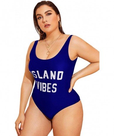 One-Pieces Women's Sexy Bathing Suit Slogan Letter Print Swimwear Low Back One Piece Swimsuit - Blue - CJ196D7DYQ8 $39.41