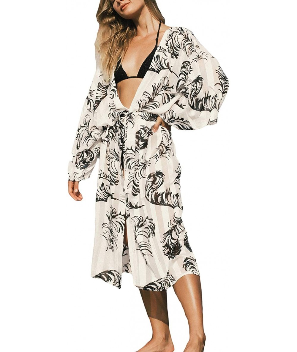 Cover-Ups Women Sexy Chiffon/Rayon Open Front Kimono Cardigan Long Swimsuit Cover Up - F-print 3 - C9198G6CS96 $39.96