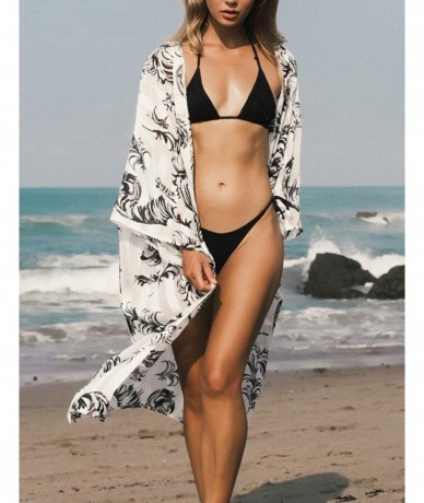 Cover-Ups Women Sexy Chiffon/Rayon Open Front Kimono Cardigan Long Swimsuit Cover Up - F-print 3 - C9198G6CS96 $39.96