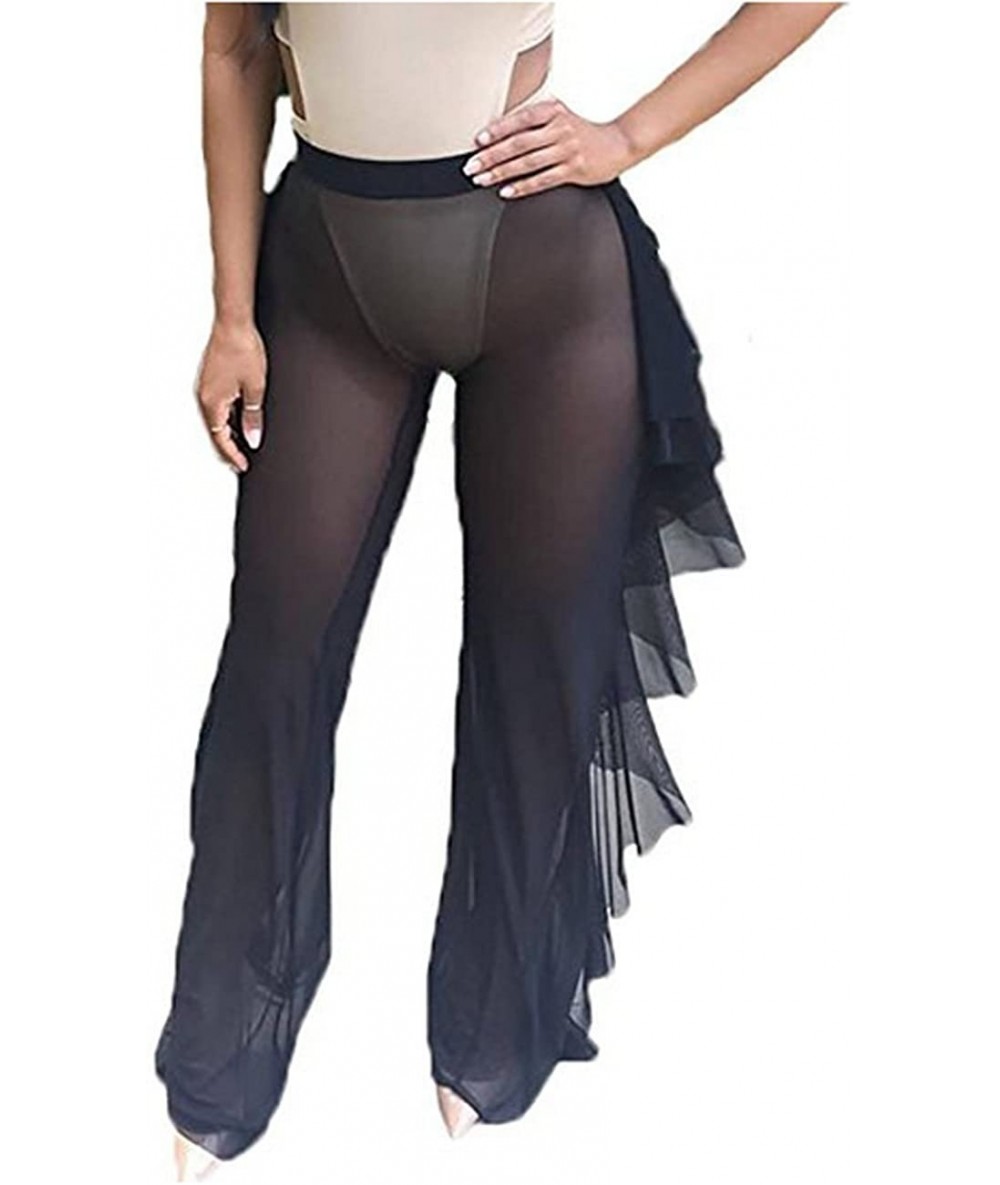 Cover-Ups Sexy Women High Waist See-Through Ruffle Sheer Bikini Bottom Cover-up Pants - Black - CU184YLI8YW $21.59