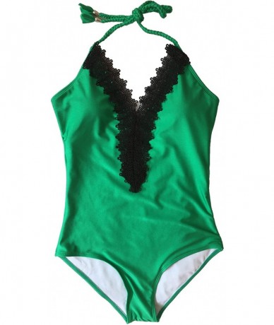 One-Pieces Women's One Piece Floral Lace Halter Monokini - Green - CD186A6CWAI $42.49