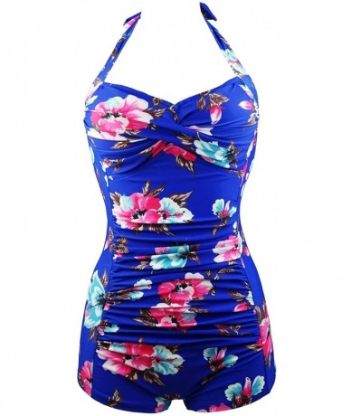 Racing Womens' Floral Retro One Piece Ruched Maillot Boy-Leg Swimsuit - Blue Flowers - CZ12ECU4D4T $34.11