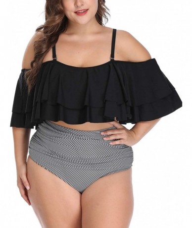 Sets Women Plus Size Bikini High Waisted Swimsuit Off Shoulder Ruched Bathing Suit - Black - CS19655SHXE $50.24