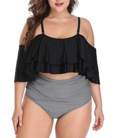 Sets Women Plus Size Bikini High Waisted Swimsuit Off Shoulder Ruched Bathing Suit - Black - CS19655SHXE $50.24