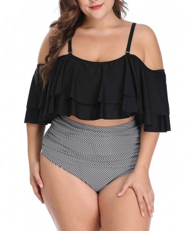 Sets Women Plus Size Bikini High Waisted Swimsuit Off Shoulder Ruched Bathing Suit - Black - CS19655SHXE $50.24