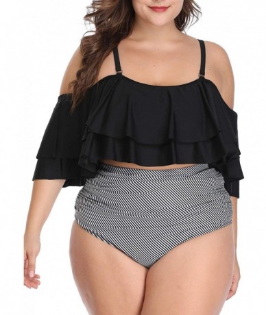 Sets Women Plus Size Bikini High Waisted Swimsuit Off Shoulder Ruched Bathing Suit - Black - CS19655SHXE $50.24