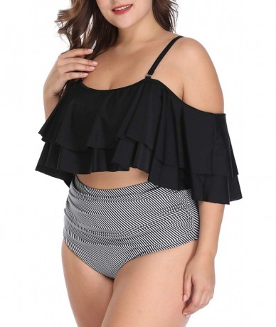 Sets Women Plus Size Bikini High Waisted Swimsuit Off Shoulder Ruched Bathing Suit - Black - CS19655SHXE $50.24