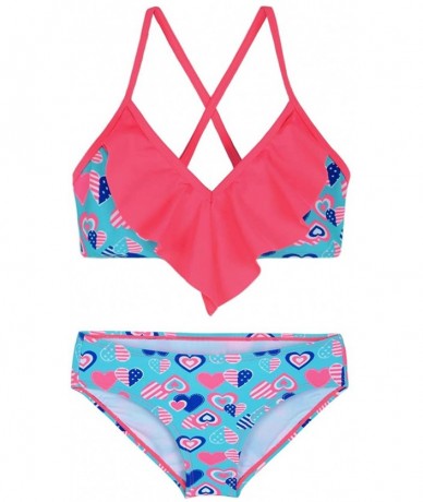 Sets Girl's Two Piece Swimsuit Floral Bikini Set Flounce Bathing Suit - Red&blue Heart - CP192SQ9H7M $36.91