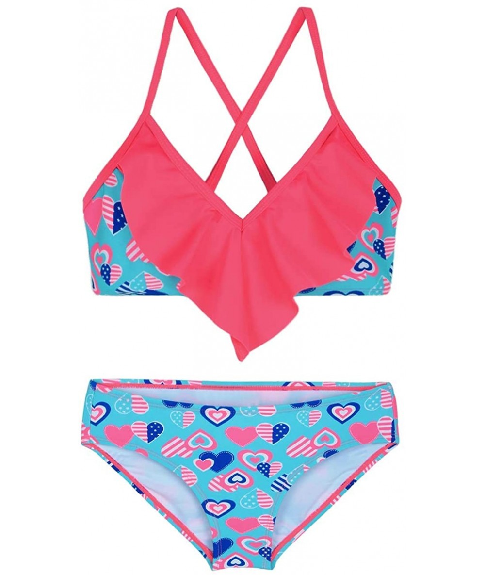 Sets Girl's Two Piece Swimsuit Floral Bikini Set Flounce Bathing Suit - Red&blue Heart - CP192SQ9H7M $36.91