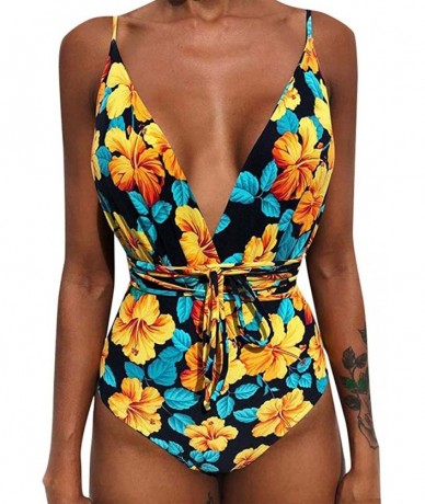 Sets Womens Spaghetti Strap Swimsuit Floral Printed Deep V Neck Beach Swimwear One Piece Bathing Set - Black - CQ196X6M0ZZ $2...