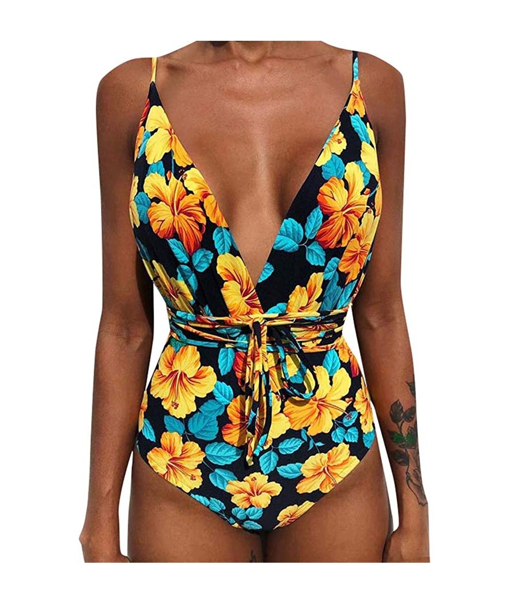 Sets Womens Spaghetti Strap Swimsuit Floral Printed Deep V Neck Beach Swimwear One Piece Bathing Set - Black - CQ196X6M0ZZ $2...