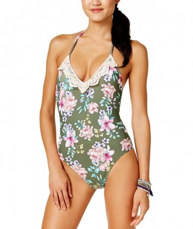 One-Pieces Juniors' Tropic Romance Floral-Print Halter One-Piece Swimsuit Olive Medium - C318NNZTGXN $26.14