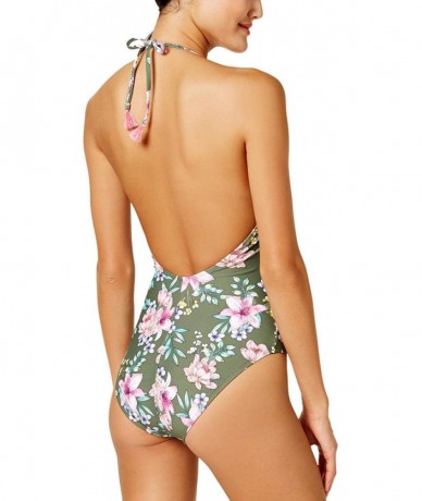 One-Pieces Juniors' Tropic Romance Floral-Print Halter One-Piece Swimsuit Olive Medium - C318NNZTGXN $26.14