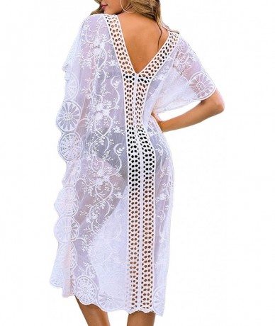 Cover-Ups Womens Sexy V Neck Lace Crochet Sheer Long Oversized Swimsuit Cover Up Beach Dress - White - CY192W0SI7X $35.85