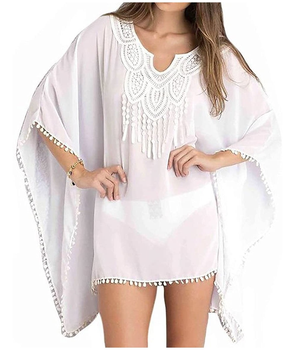 Cover-Ups Lemon Embroidery Batwing Swimsuit Cover Up - White - CC12JFWWIG9 $28.38